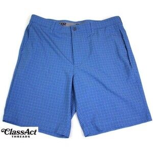 PGA Tour Men's Active Waistband Golf Shorts Blue Checked Flat Fronts 36" Waist